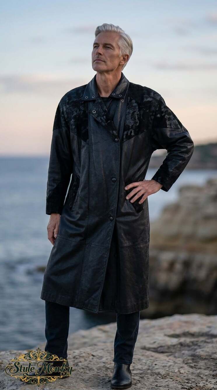 Pelle Studio Black Leather Long Trench Coat with Snakeskin Textured Panels